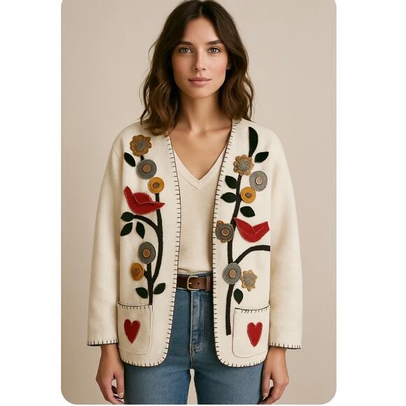 Vintage Jackets & Blazers - Handmade Fleece Folk Art Jacket Embroidered Patchwork Oversized Boho Cottagecore